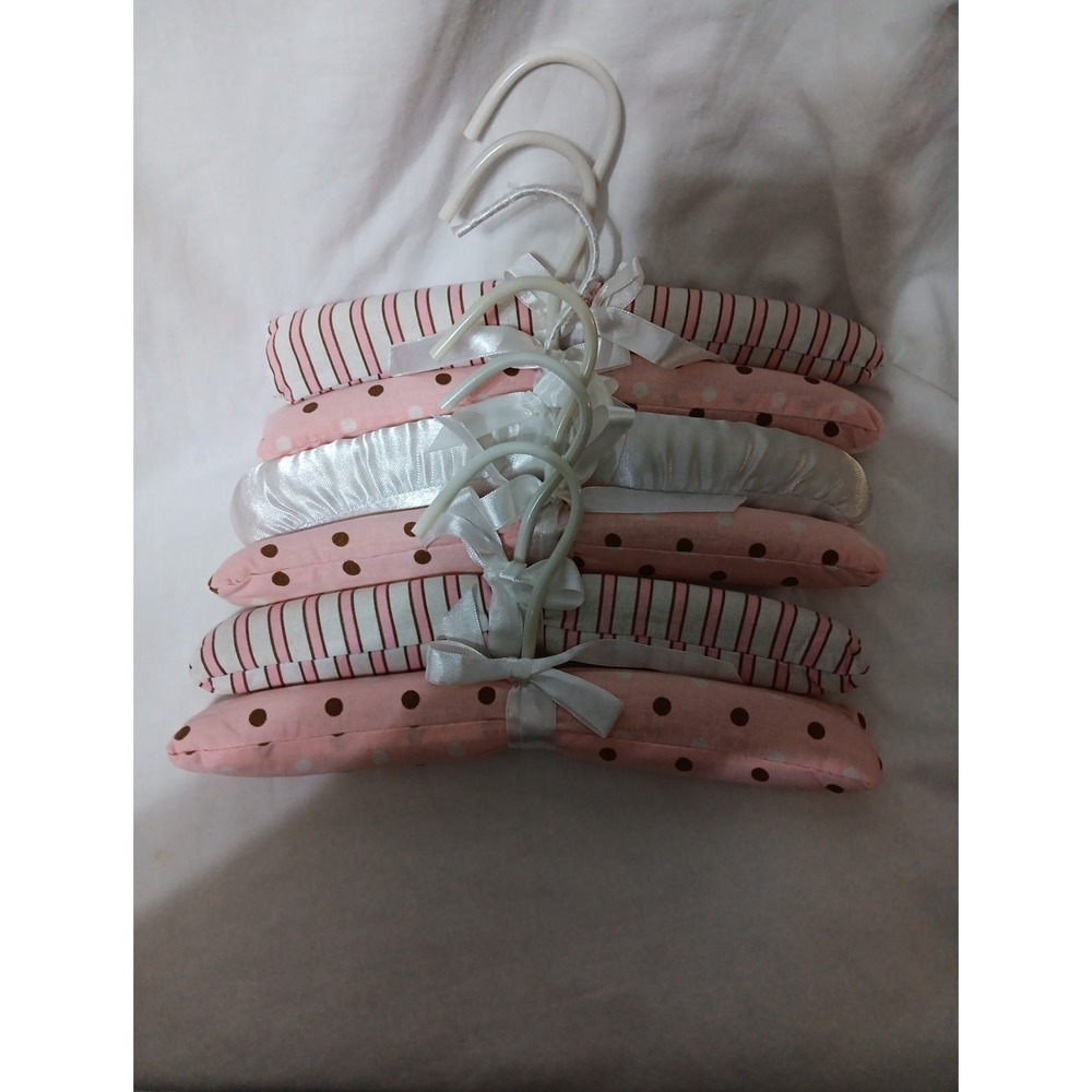 5 Baby Girl Padded Hangers Pink and Brown Fabric Satin 10"x1" EUC